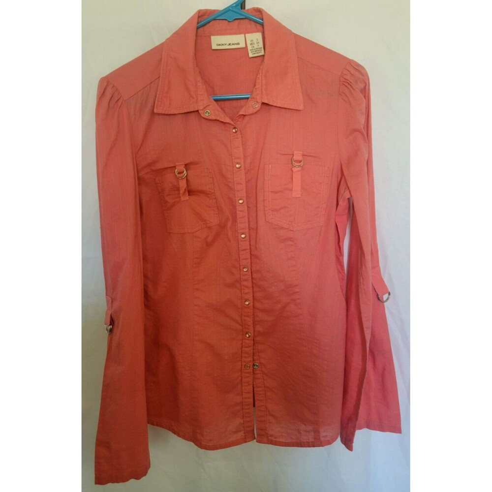 DKNY Jeans Pearl Snap Button Down Shirt Womens Size Small Coral Pink Top